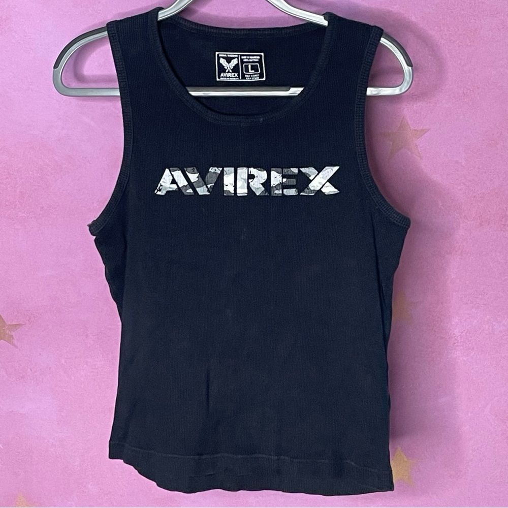 Avirex Vintage Ribbed Black Tank Camo Print Logo Size Large